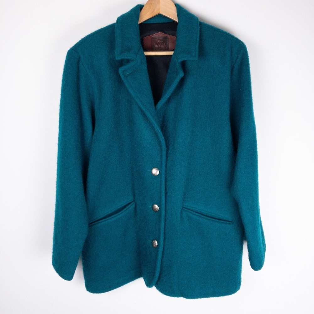 Woolrich Wool Coat Womens M Teal Blue Vintage Made in USA Button Front Jacket